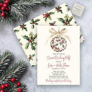 Invitación Moda Ornament Exchange Red Bow Holly Berry Fiesta