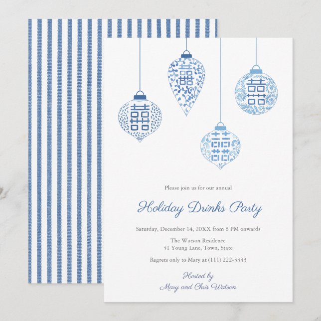 Invitación Moda Ornamentos Vacacionales Blancos Y Azules Bebe (Anverso / Reverso)