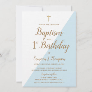 Invitación Moda Oro Azul Baptismo y primer cumpleaños