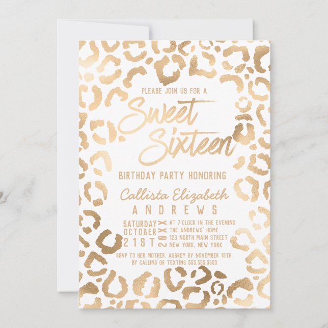 Invitación Moda Oro blanco Cheetah Leopard Sweet 16 (Anverso)