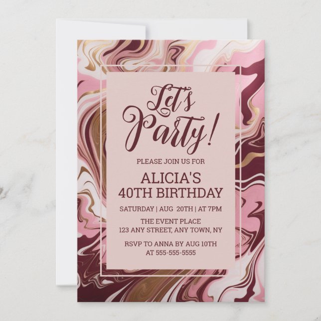Invitación Moda Oro Borgoña Marble Rosa Fluid Cumpleaños (Anverso)