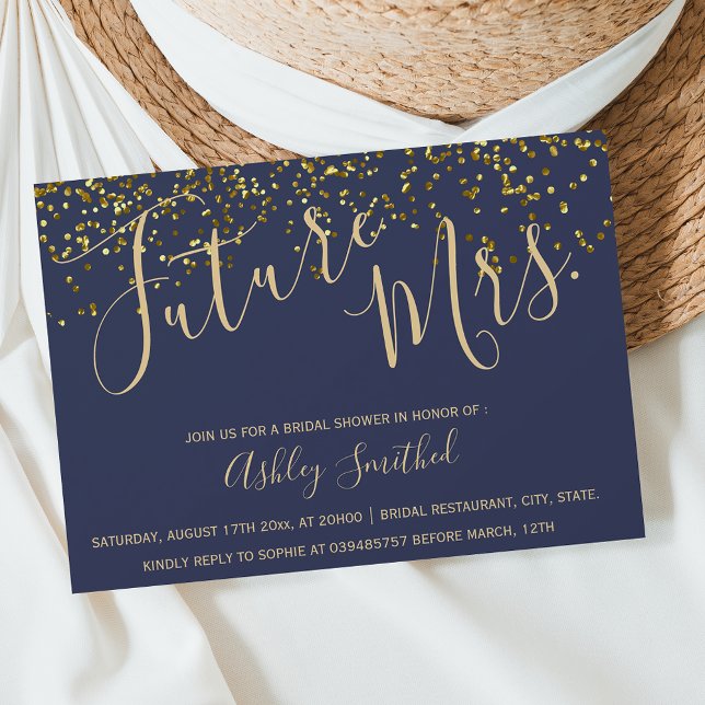 Invitación Moda oro confetti azul marino Sra. novia ducha (Subido por el creador)