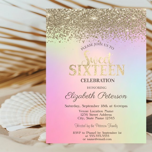 Invitación Moda Oro Confetti Diamantes Holografía Dulce 16 (Subido por el creador)