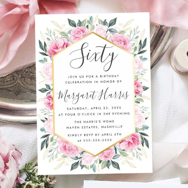Invitación Moda Oro deja Floral Rosa 60 cumpleaños (Subido por el creador)