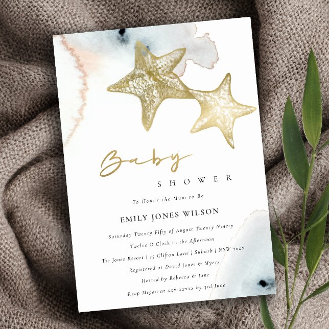 Invitación Moda Oro Dusky Blue Beachy Starfish Baby Shower (Subido por el creador)