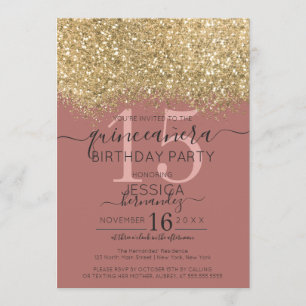 Invitación Moda Oro Dusty Rosa Purpurina Confetti Quinceañera
