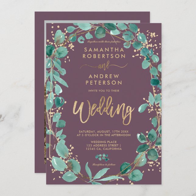 Invitación Moda oro eucalipto boda de guión de foto violeta (Anverso / Reverso)