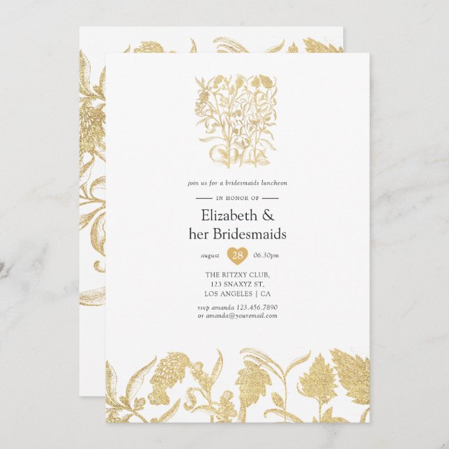Invitación Moda Oro Floral Bridesmaids Luncheon (Anverso / Reverso)