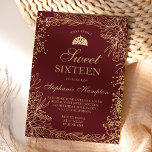 Invitación Moda oro floral burgundy Tiara moda Dulce 16<br><div class="desc">Moda moderna, bonito, elegantes flores de Relieve metalizado de purpurina de oro falso y elementos florales ilustracion con confeti dorado Sweet 16 cumpleaños invitación a una fiesta de cumpleaños en un burdeos rojo editable con una princesa tiara de la corona purpurina de oro Perfecto para un cumpleaños 16 de la...</div>