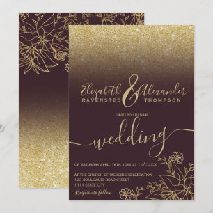 Invitación Moda oro floral purpurina burgundy boda de escritu