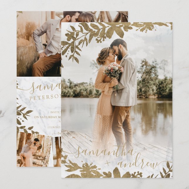 Invitación Moda oro guión de mármol floral 5 fotos boda (Anverso / Reverso)