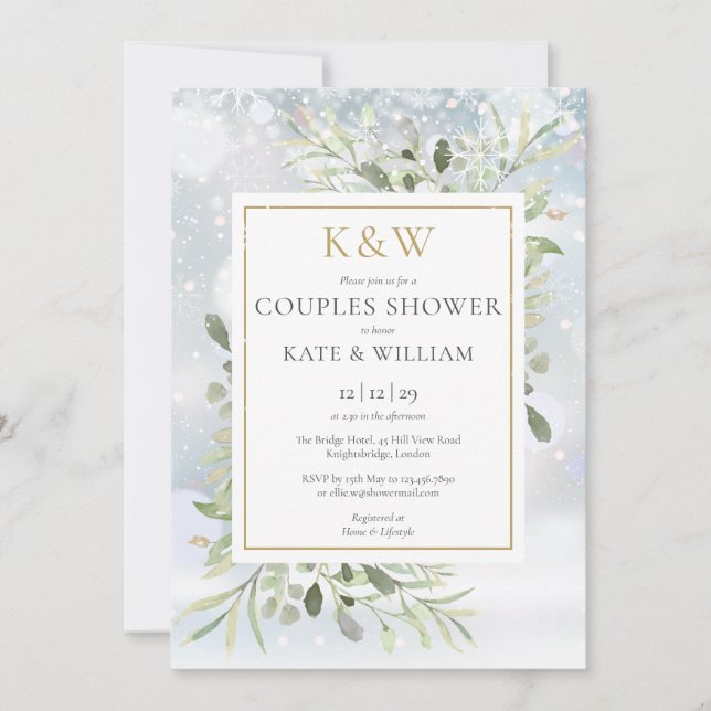 Invitación Moda Oro Monograma Verdor Ducha Parejas de Inviern (Anverso)