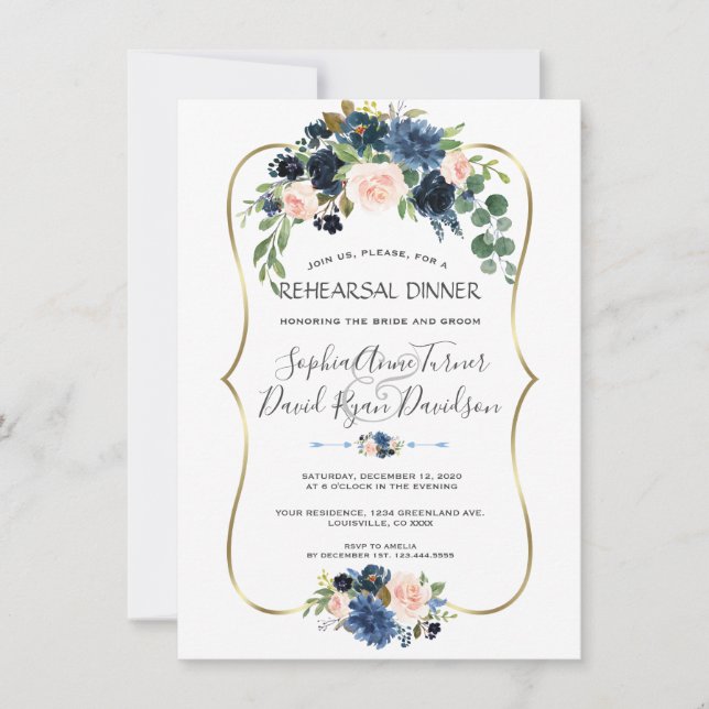 Invitación Moda Oro Navy Azul Flores Rubor Ensayo Cena (Anverso)