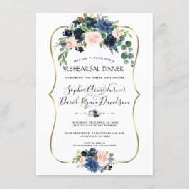 Invitación Moda Oro Navy Azul Flores Rubor Ensayo Cena