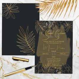 Invitación Moda Oro Negro Purpurinoso Foliage Tropical Dulce