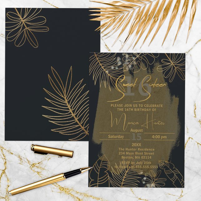 Invitación Moda Oro Negro Purpurinoso Foliage Tropical Dulce  (Subido por el creador)