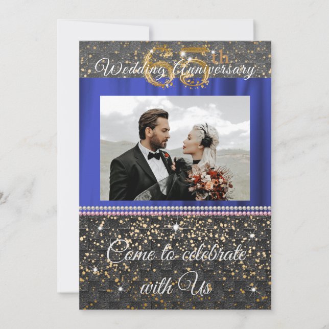 Invitación Moda Oro Negro Seda Azul Aniversario Boda 65 (Anverso)