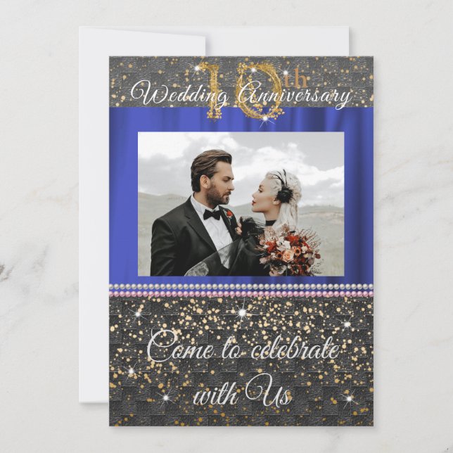 Invitación Moda Oro Negro y Perlas 10° Aniversario Boda (Anverso)