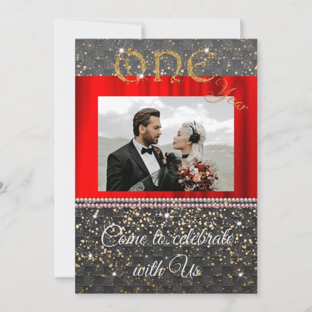 Invitación Moda Oro Negro y Perlas Primer Aniversario Boda (Anverso)