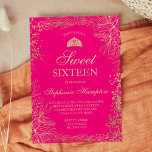 Invitación Moda oro neón floral rosa Tiara moda Dulce 16<br><div class="desc">Moda moderna, bonito y elegantes flores de Relieve metalizado purpurina de oro falso y elementos florales ilustracion con confeti dorado Sweet 16 cumpleaños invitación a una fiesta de cumpleaños en un neón rosado editable con una princesa tiara de la corona purpurina de oro Perfecto para un cumpleaños 16 de la...</div>