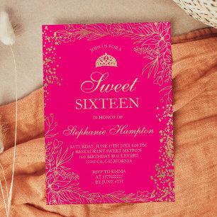 Invitación Moda oro neón floral rosa Tiara moda Dulce 16
