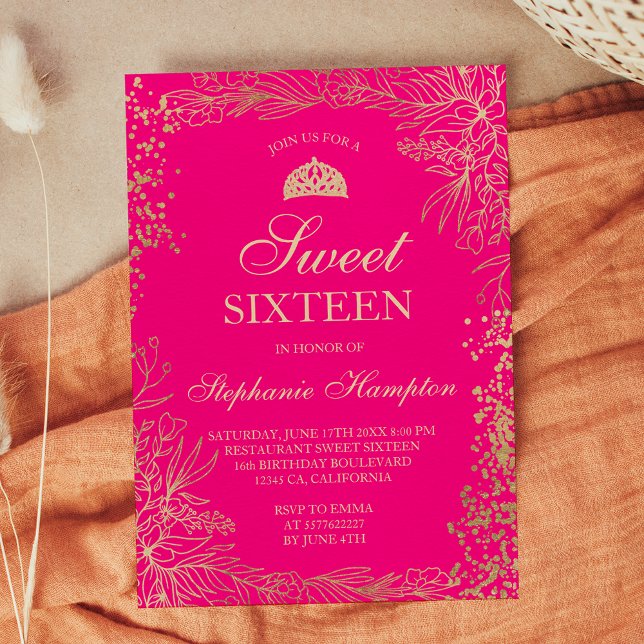 Invitación Moda oro neón floral rosa Tiara moda Dulce 16 (Chic gold floral neon pink Tiara chic Sweet 16 Invitation)