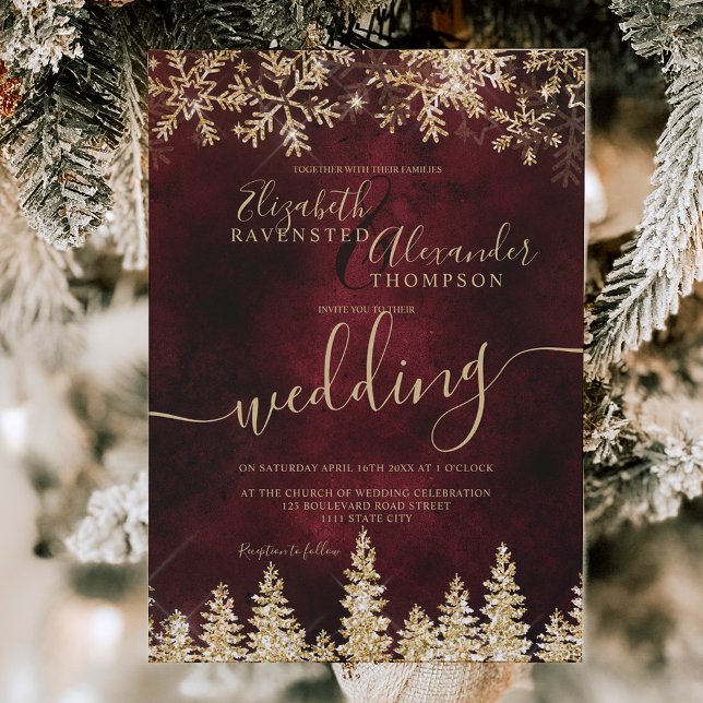 Invitación Moda oro nieve pino rojo Navidades de invierno (Chic gold snow pine red Christmas winter wedding Invitation)