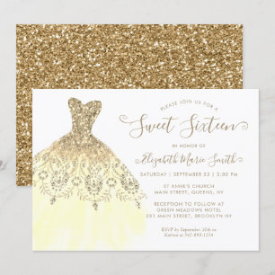 Invitación Moda Oro Purpurina Amarillo Vestido Dulce 16 cumpl