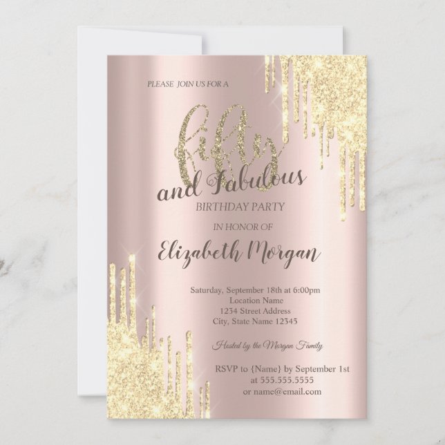 Invitación Moda Oro Purpurina Drips Rosa Oro 50 cumpleaños (Anverso)