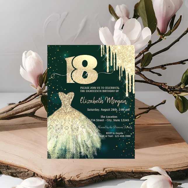 Invitación Moda Oro Purpurina Drips Vestido Verde 18 cumpleañ (Subido por el creador)