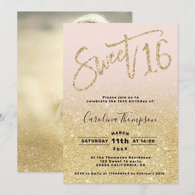 Invitación Moda oro purpurina guión moda rubor Sweet 16 foto (Anverso / Reverso)