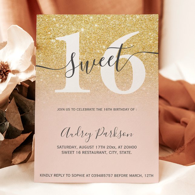 Invitación Moda oro purpurina rosa rosa chicle Sweet 16 (Chic gold glitter blush pink girly Sweet 16 Invitation)