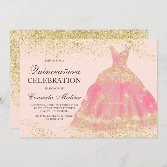 Invitación Moda oro purpurina vestido rosa rubor Quinceañera (Anverso / Reverso)