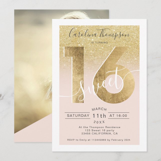 Invitación Moda oro Relieve metalizado purpurina guión rubor  (Anverso / Reverso)