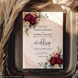 Invitación Moda Oro Rojo Oscuro Rubor Flores Boda Rústico