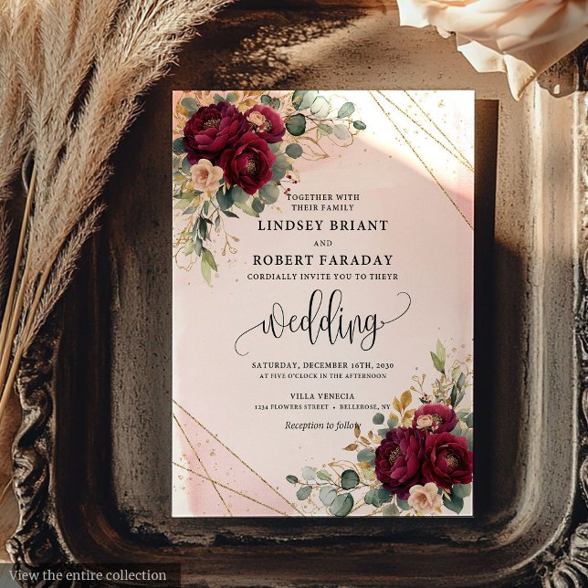 Invitación Moda Oro Rojo Oscuro Rubor Flores Boda Rústico (Chic Dark Red Gold Blush Flowers Rustic Wedding Invitation)