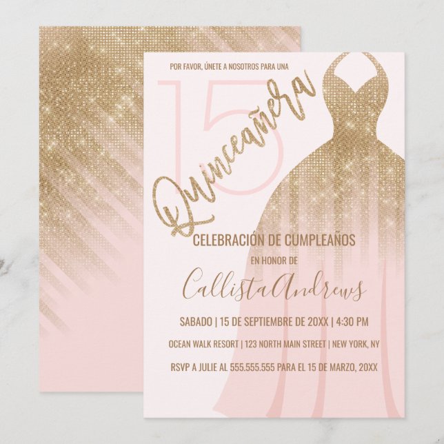 Invitación Moda Oro rosa Purpurina Vestido español Quinceaner (Anverso / Reverso)