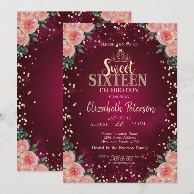 Invitación Moda Oro Tiara, Diamantes Borgoña Dulce Floral 16 (Anverso / Reverso)