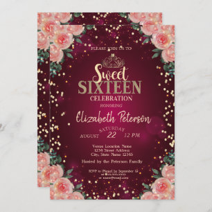 Invitación Moda Oro Tiara, Diamantes Borgoña Dulce Floral 16