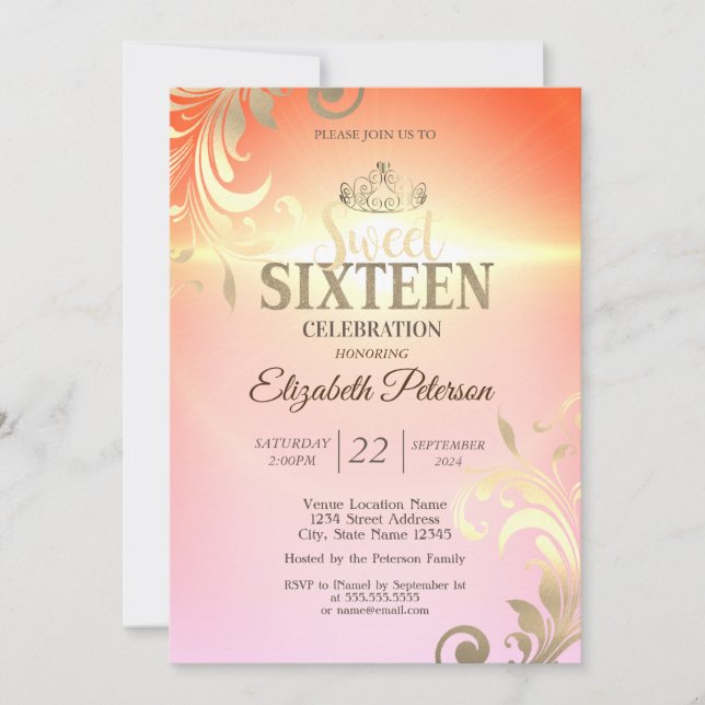 Invitación Moda Oro Tiara Diamonds Swirls Dulce 16 Fiesta (Anverso)