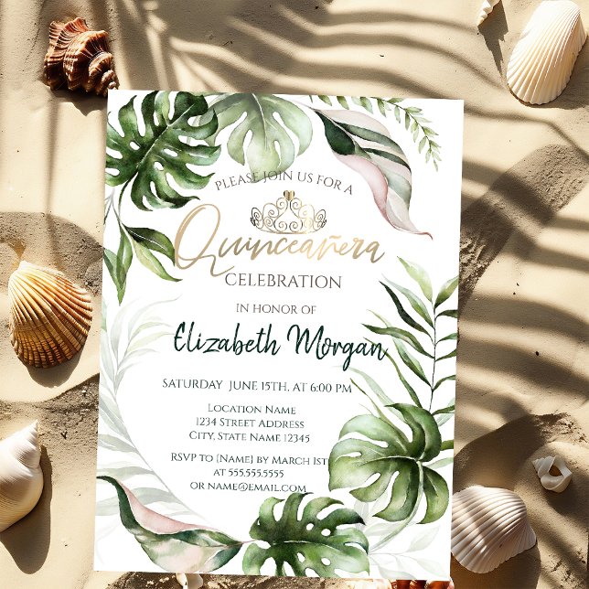 Invitación Moda Oro Tiara Tropical Sale Quinceañera (Subido por el creador)