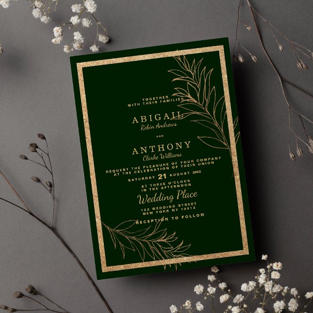 Invitación Moda oro verde oscuro purpurina hoja Boda floral (Chic dark green gold glitter leaf floral Wedding )