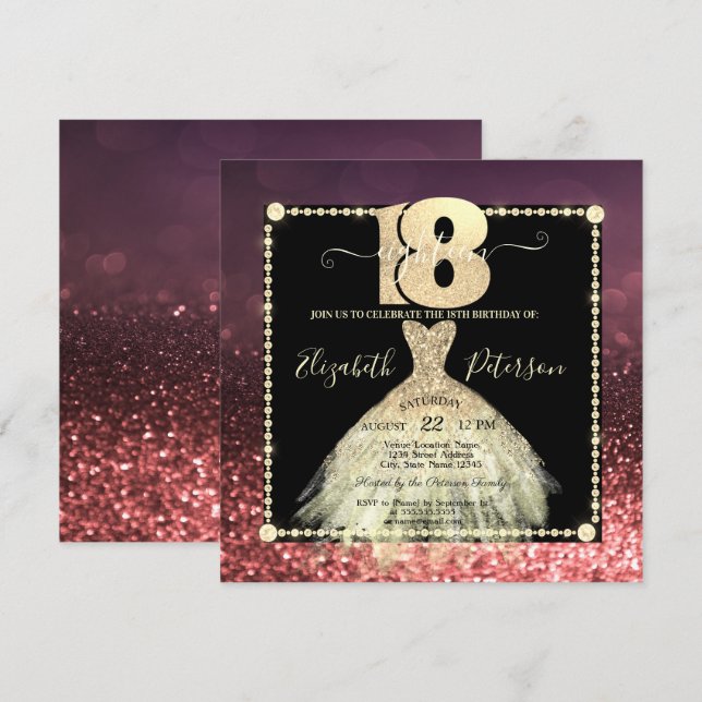 Invitación Moda Oro Vestido Purpurina Borgoña 18 cumpleaños (Anverso / Reverso)