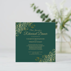 Invitación Moda Oro y Boda Verde Ensayo Cena Plaza