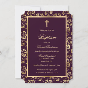 Invitación Moda Oscuro Morado Oro Cruzado Guión Bautismo Flor
