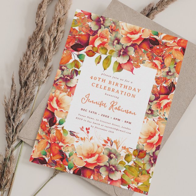 Invitación Moda otoño acuarela Floral 40 cumpleaños otoño (Chic Fall Autumn Watercolor Floral 40th Birthday Invitation)