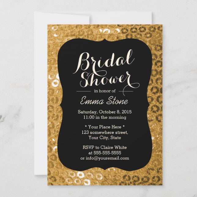 Invitación Moda Paillettes Negro y Oro Ducha Bridal (Anverso)