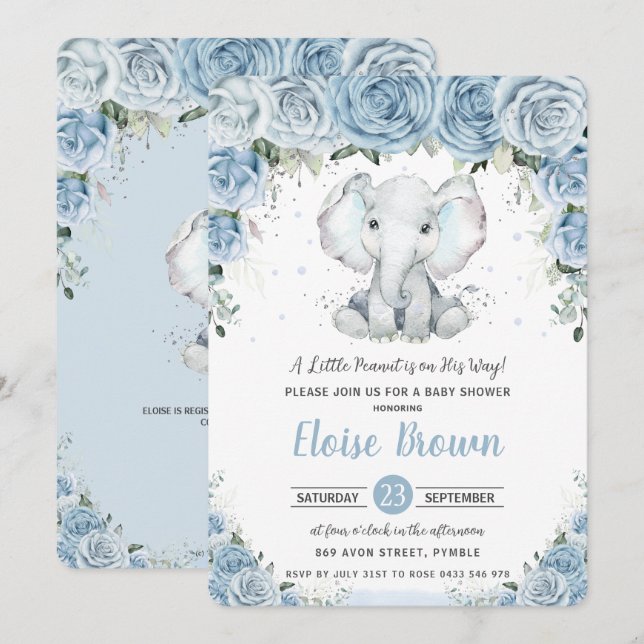 Invitación Moda Pastel Blue Floral Elephant Boy Baby Shower (Anverso / Reverso)