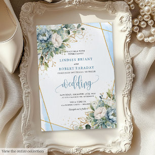 Invitación Moda Pastel Blue Sage Boda Floral de Oro Invitacio