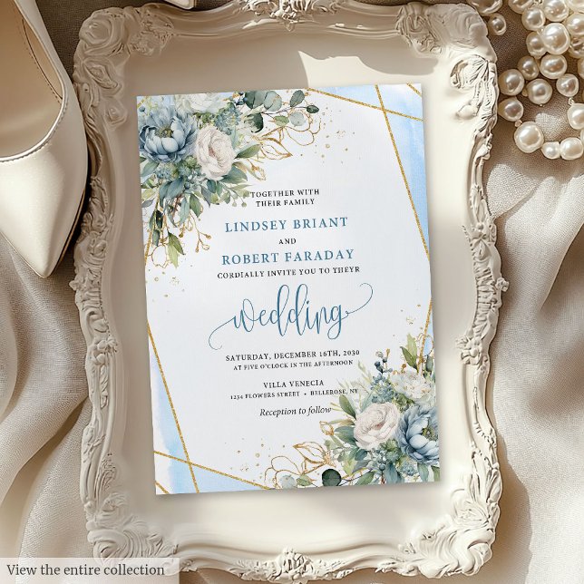 Invitación Moda Pastel Blue Sage Boda Floral de Oro Invitacio (Chic Pastel Blue Sage Gold Floral Wedding Invitation)